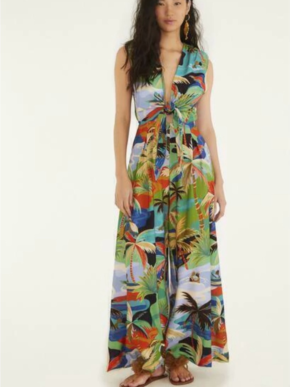 FARM Rio Multicolor Tropical Tie-Front Wide Leg Jumpsuit